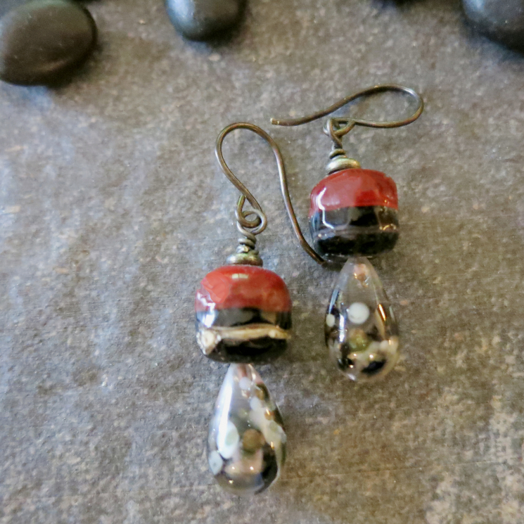 Lampwork Glass Earrings Dark Red and Black | Linda Landig Jewelry
