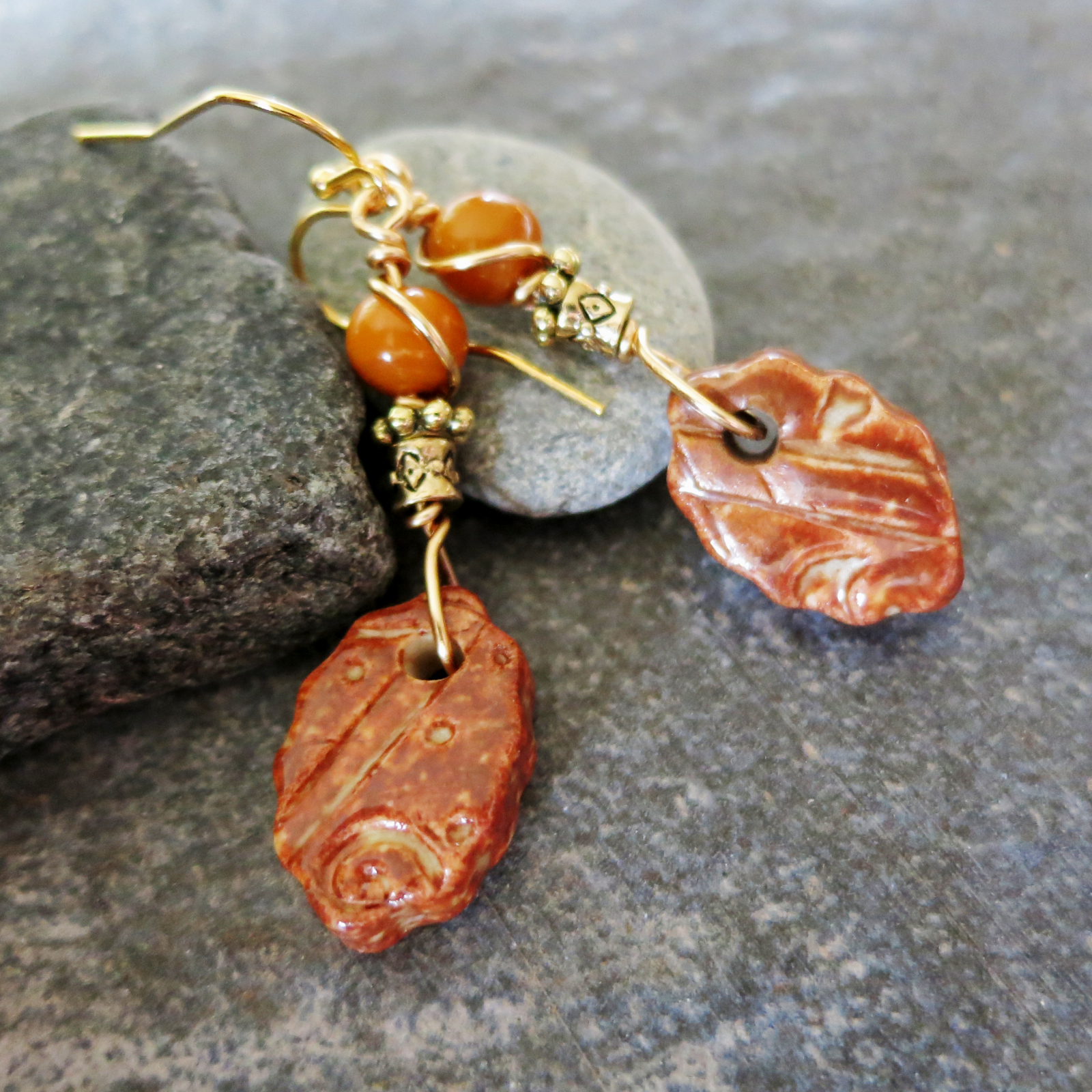 Handmade Ceramic Earrings Amber Gold Wire Wrap Boho Jewelry