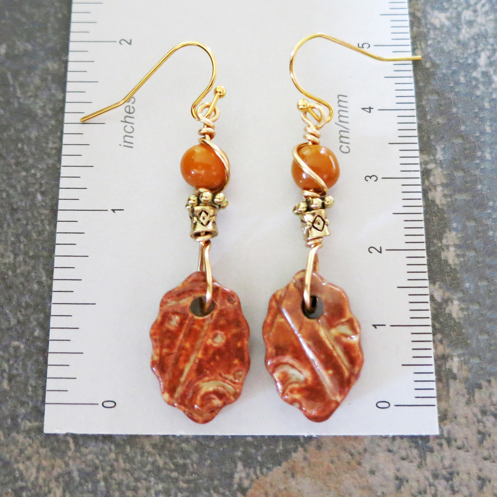 Handmade Ceramic Earrings Amber Gold Wire Wrap Boho Jewelry