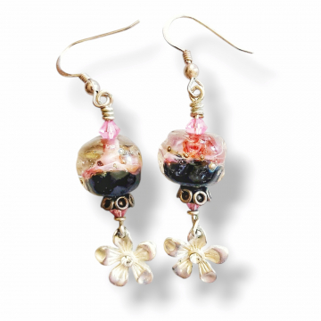 Silver Flower Earrings Pink and Black Lampwork Swarovski Crystals