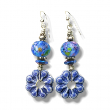 Purple Earrings Handmade Ceramic And Lampwork Glass Sterling Silver One Of A Kind