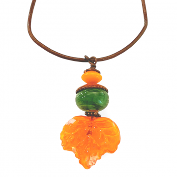 Fall Leaf Necklace Orange Lampwork Glass Autumn Leather Enamel