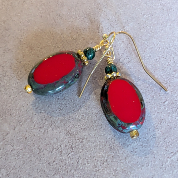 Malachite And Red Glass Christmas Earrings