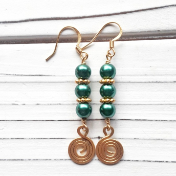Green Pearl Earrings Hammered Brass Spirals Boho