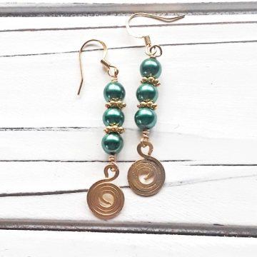 Green Pearl Earrings Hammered Brass Spirals Boho