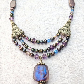 Dichroic And Gemstone Statement Necklace Sterling
