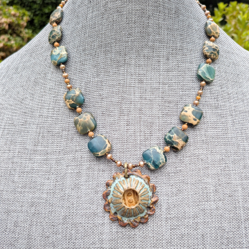Artisan Ceramic Pendant Necklace Gemstones Rustic
