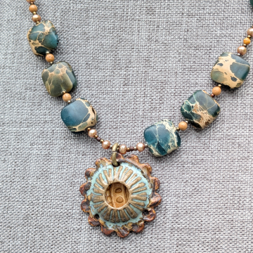 Artisan Ceramic Pendant Necklace Gemstones Rustic