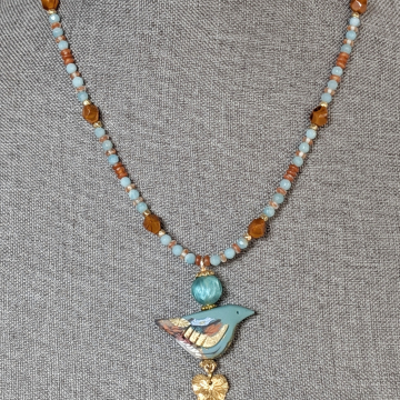 Bird Necklace With Amazonite Stones and Vintage Glass