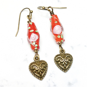 Brass and Rose Heart Earrings Red Flower Handmade