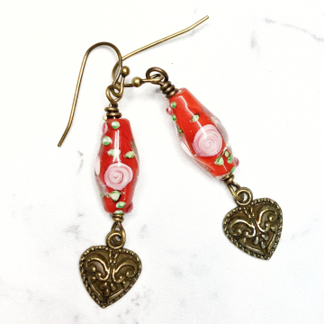Brass and Rose Heart Earrings Red Flower Handmade