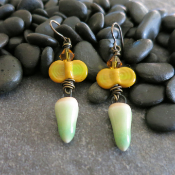 Golden Yellow and Green Earrings Handmade Ceramic and Lampwork