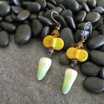 Golden Yellow and Green Earrings Handmade Ceramic and Lampwork