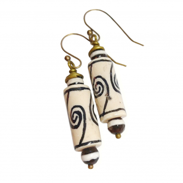 Black and Cream Earrings Boho Spiral Design Handmade Tribal