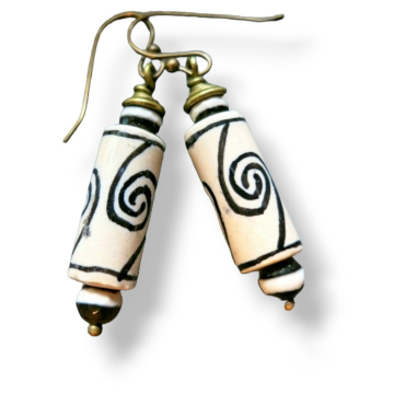 Black and Cream Earrings Boho Spiral Design Handmade Tribal
