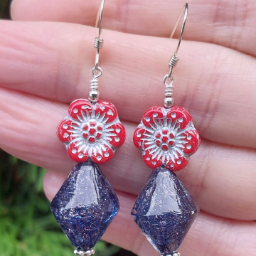 Blue Sparkly Venetian Glass Earrings Red Flowers