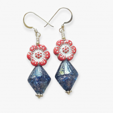 Blue Sparkly Venetian Glass Earrings Red Flowers
