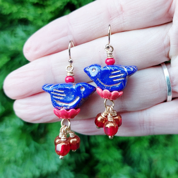 Bird Earrings Blue and Red Cute Handmade