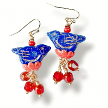 Bird Earrings Blue and Red Cute Handmade