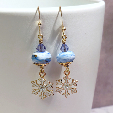 Snowflake Earrings With Blue Lampwork Glass