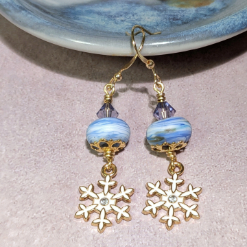 Snowflake Earrings With Blue Lampwork Glass