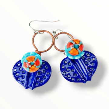 Enamel Earrings Cobalt Blue Orange Lampwork Glass
