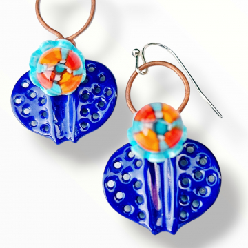 Enamel Earrings Cobalt Blue Orange Lampwork Glass