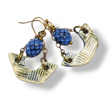 Boho Chandelier Earrings Blue Green Ceramic Handmade Vintage Glass Beads