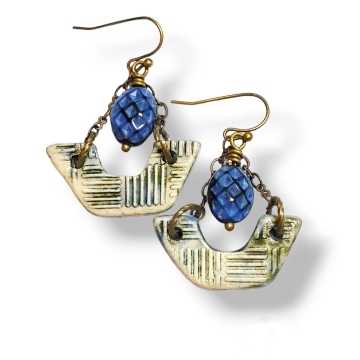 Boho Chandelier Earrings Blue Green Ceramic Handmade Vintage Glass Beads