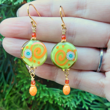Cheerful Lampwork Earrings Orange Lime Green