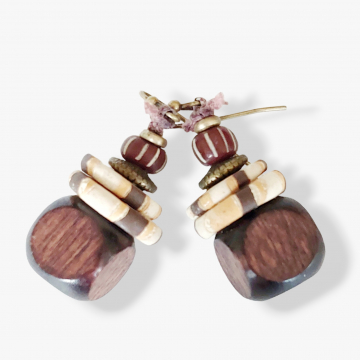 Boho Earrings Brown Wood Striped Ceramic