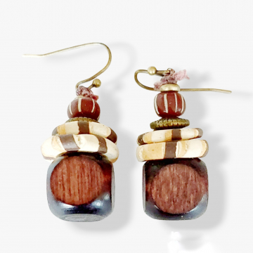 Boho Earrings Brown Wood Striped Ceramic
