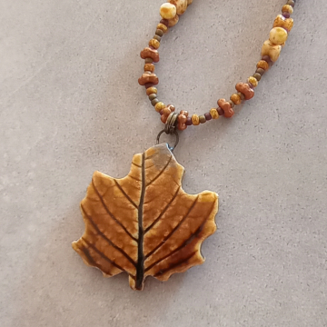 Leaf Necklace Artisan Ceramic Fall Autumn Brown And Cream