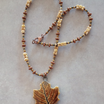Leaf Necklace Artisan Ceramic Fall Autumn Brown And Cream