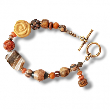 Earth Tones Bracelet Carved Flower Jasper Wood