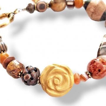 Earth Tones Bracelet Carved Flower Jasper Wood