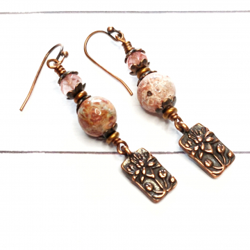 Pink Jasper Earrings with Copper Flower Charms