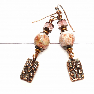 Pink Jasper Earrings with Copper Flower Charms