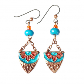 Copper PMC Flower Earrings Turquoise Orange  Niobium Ear Wires