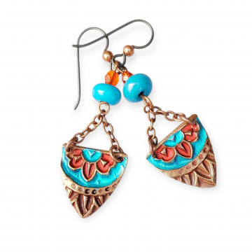 Copper PMC Flower Earrings Turquoise Orange  Niobium Ear Wires
