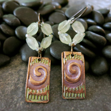 Purple Colored Copper Spiral Earrings with Green Prehenite Handmade