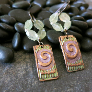 Purple Colored Copper Spiral Earrings with Green Prehenite Handmade