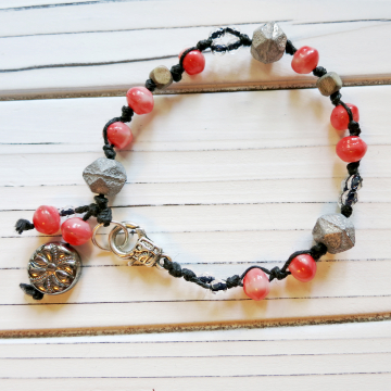 Coral Color Bracelet Boho Vintage Beads Black With Charm Dangle
