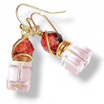 Pink Earrings Glass Cube Beads Diagonal Wire Wrap Handmade