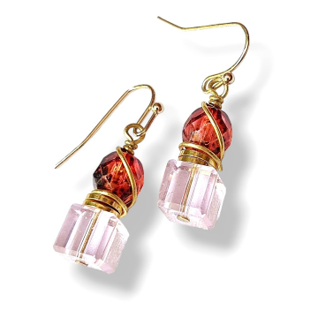 Pink Earrings Glass Cube Beads Diagonal Wire Wrap Handmade