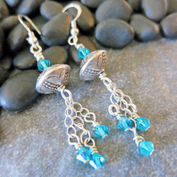 Sterling Silver and Turquoise Earrings Vintage Bali Silver Beads Swarovski Crystals Dangles Dressy