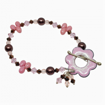 Pink Flower Bracelet Artisan Enamel Crystals