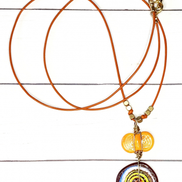 Lampwork Glass Reversable Necklace Orange Leather