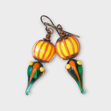 Bold Earrings in Green Yellow Orange Handmade Glass and Ceramic