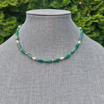 Green Aventurine with Single White Pearls